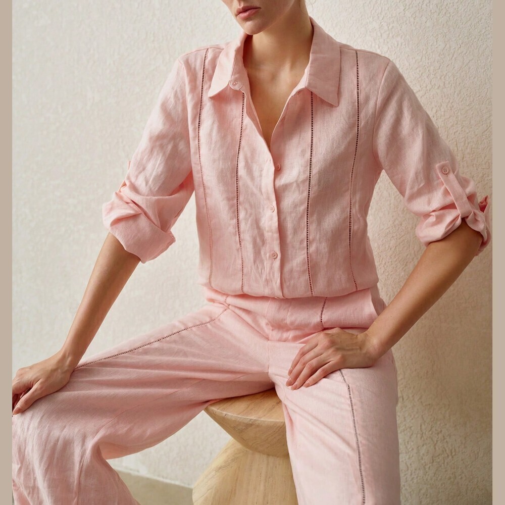 Pink Linen Button-Down Shirt with Ladder Trim Detail - Picture 5 of 7